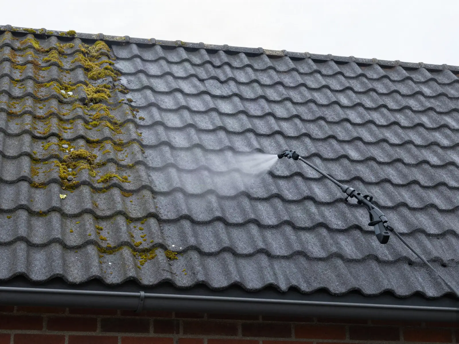 Dak met betonnen dakpannen, half bedekt met mos en half gereinigd