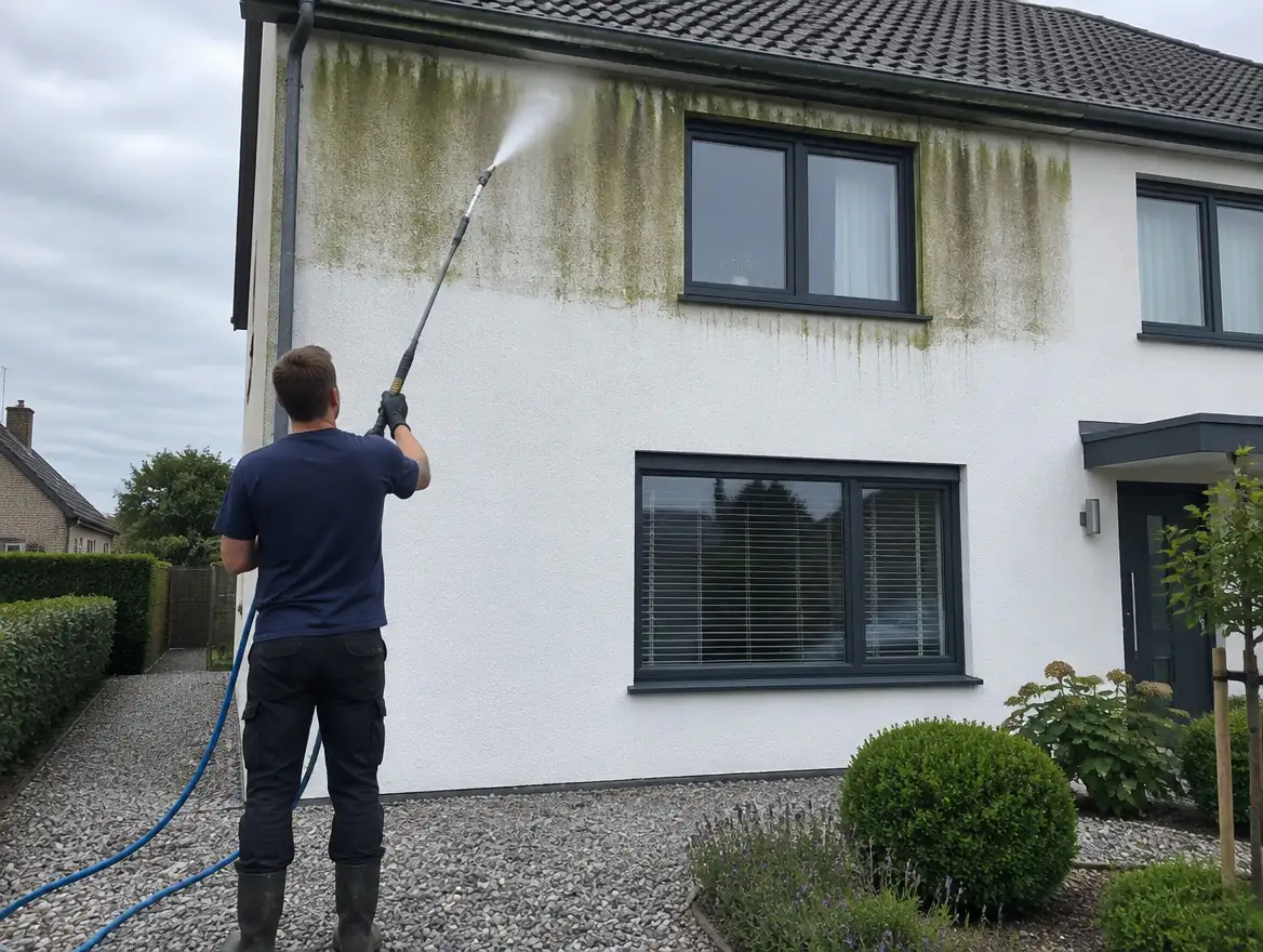 Witte crepigevel met groene aanslag onder de dakgoot wordt gereinigd