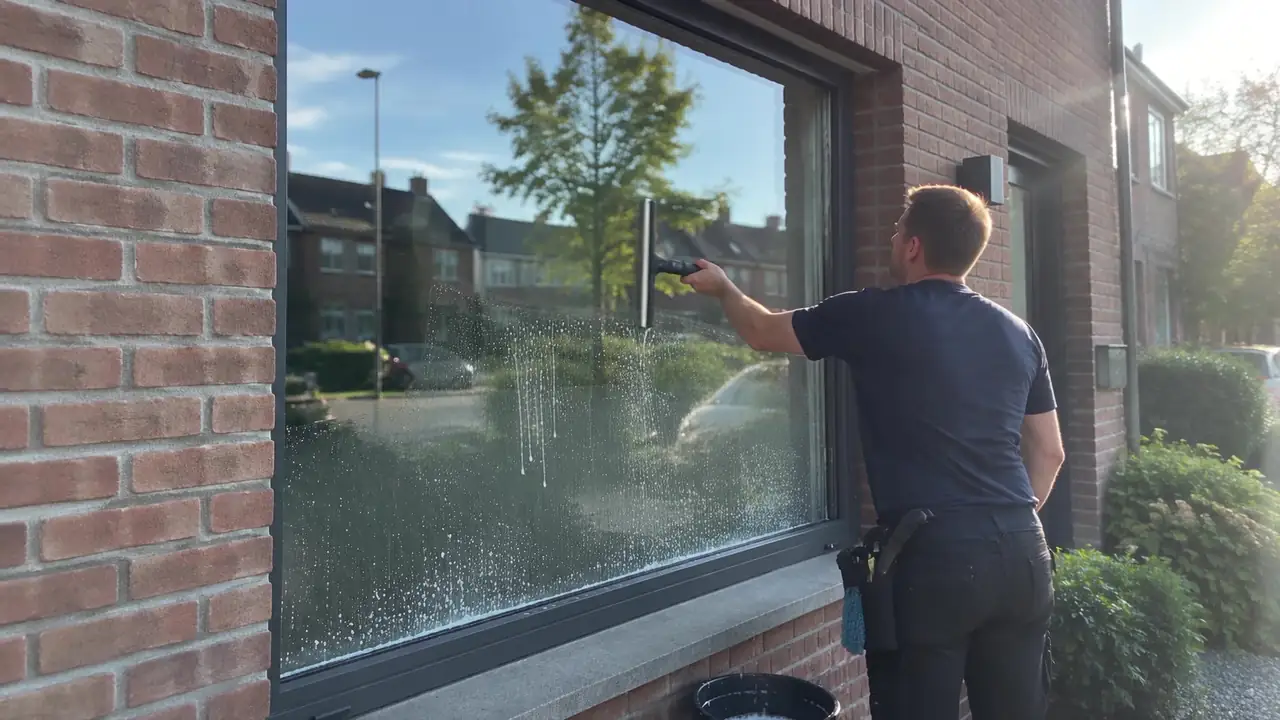 Glazenwasser trekt een groot raam van een bakstenen woning droog met een trekker