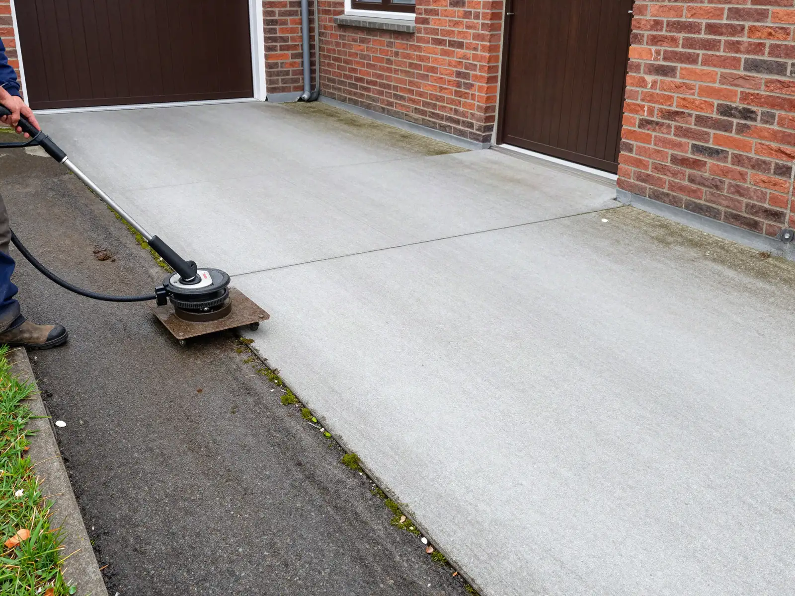Betonnen oprit voor een garage tijdens het reinigen