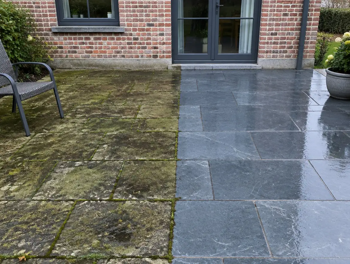 Terras in blauwe hardsteen, links vuil met groene aanslag en rechts gereinigd